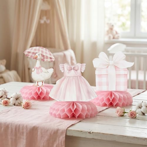 12 Pcs Pink Goose Baby Shower Decorations for Girl - Goose Baby Shower Centerpieces for Tables - Vintage Pink Goose Honeycomb Table Decor with Bow Floral for Girl Baby Shower 1st Birthday - Image 7