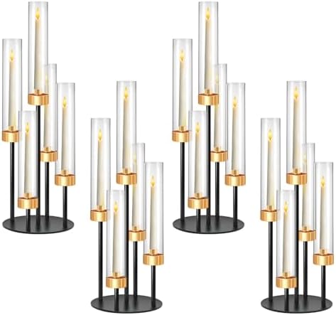 5-Arm Black Metal Table Candelabra Centerpiece, 22" Tall Clear Candlesticks Holder with Shade for Valentines Day Events Party Table Centerpiece,Fit LED Candles (4, Black+Gold, S-22in) by kehail