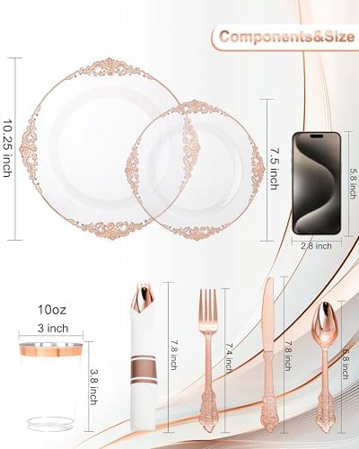 Nervure 350Pcs Rose Gold Plates, Disposable Dinnerware Set for 50 Guests - Image 3