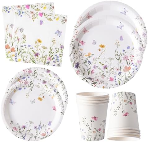 96PCS Wildflower Paper Plates and Napkins, Disposable Floral Plates for Bridal Shower, Garden Party, Wedding, Mother's Day, Spring Party, Baby Shower, Afternoon Tea Party by Tyzarglef