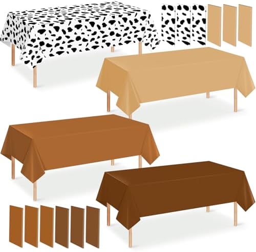 12Pack Brown and Cow Print Western Plastic Tablecloth for Rectangle Tables, Cowboy Rodeo Disposable Table Cover, Brown Rustic Table Cloth for Western Farm Cowboy My First Rodeo Baby Shower Party Decor by Hauwellter