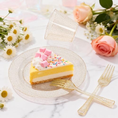 WELLIFE Gold Glitter Plastic Plates, 150 PCS Dinnerware Set for 50 Guests - Image 3