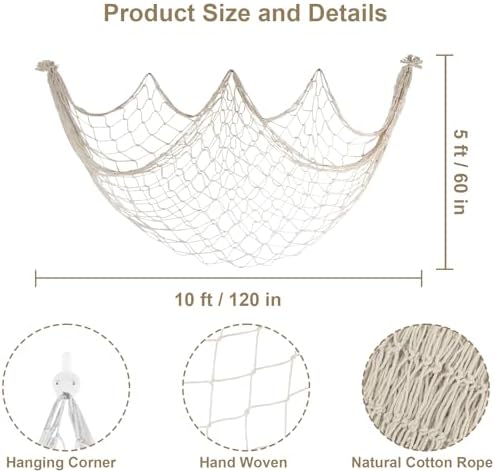 10x5 Ft Fish Net Decorations Party, 3 Pcs Beige Fishing Net Halloween Decor - Image 2