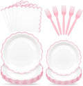96 Pcs Pink and White Paper Plates and Napkins Set Include 9'' White Dinner Plates with Pink Scalloped Rim, 7'' Dessert Plates, Napkins & Forks for Baby Shower Wedding Bridal Shower Birthday by Unknown