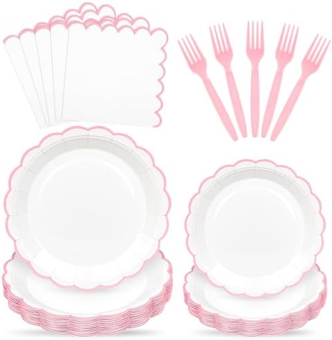 96 Pcs Pink and White Paper Plates and Napkins Set Include 9'' White Dinner Plates with Pink Scalloped Rim, 7'' Dessert Plates, Napkins & Forks for Baby Shower Wedding Bridal Shower Birthday by Unknown
