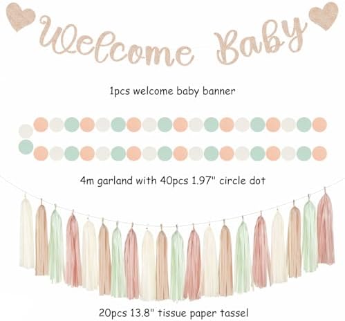 Sage-Green Pink-Beige Baby-Shower Party-Decorations - 36pcs Welcome Home Banner Sign,Girl Paper Lanterns,Neutral Streamers Garland,Boho Tissue Pom Poms Flowers Fans Backdrop Decor Burgleda - Image 2