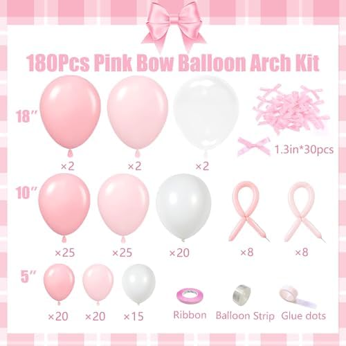 Pink Bow Balloons Garland Arch Kit,180Pcs Pink and White Balloons with Clear Balloon Wrap Bows for Wedding Bachelorette Baby Shower Coquette Birthday Party Decorations - Image 2