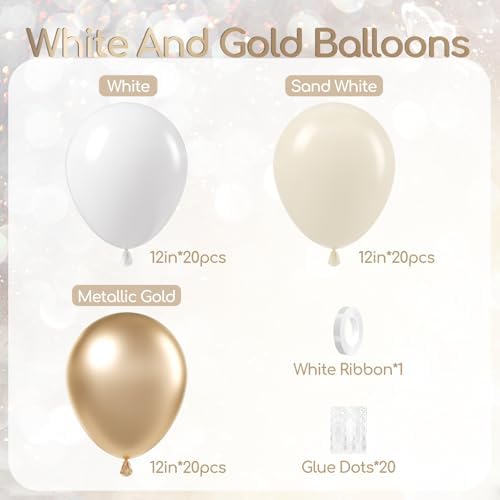 60pcs 12inch Gold and White Balloons with Sand White Confetti Balloons - Image 2