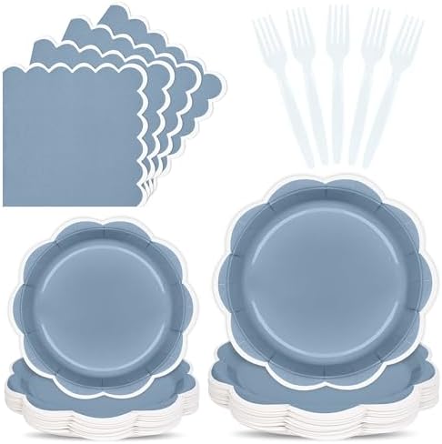 96 Pcs Dusty Blue and White Paper Plates and Napkins Set for 24 Guest by Unknown