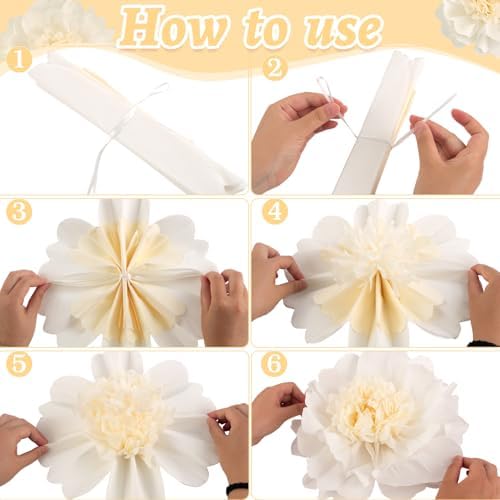 SUNBEAUTY 6 Pcs White Giant Paper Flowers Decorations 12" Large Tissue Artificial Crepe Paper Flowers for Party Wedding Wall Table Birthday Baby Shower Bridal Nursery Room Tea Party Backdrop Decor - Image 4
