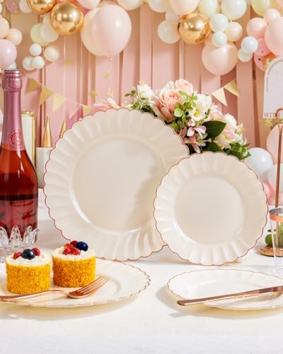 YOUBET 175PCS Ivory Scalloped Plastic Plates with Rose Gold Rim for Party - Image 5