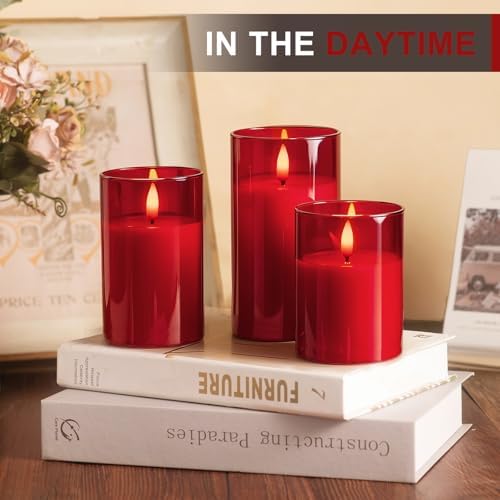 Tyawon Glass Battery Operated LED Flameless Candles with Remote and Timer, Real Wax Candles Warm Color Flickering Light for Festival Wedding Home Party Decor(Pack of 3)-Red - Image 2