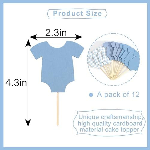 Blue Gingham Baby Shower Bodysuit Cupcake Topper,Blue Gingham Cake Topper - Image 2