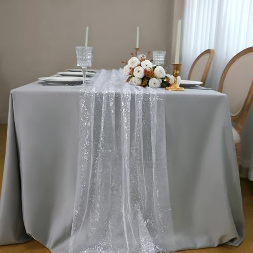 Snowkingdom 6 Pcs 10 FT Silver White Cheesecloth Table Runner Sheer Chiffon Gauze Runner, Sequin Glitter Silver Table Decoration Centerpieces for Wedding Birthday Christmas Bridal Baby Shower - Image 3
