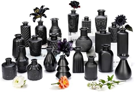 Black Glass Bud Vase Set of 22 Pcs,Small Bud Vases in Bulk,Glass Crystal Flower Vases Table Centerpieces for Party Event Wedding Decor Baby Shower Decorations (Classic Black, 22 Pcs) by JXINDUJU