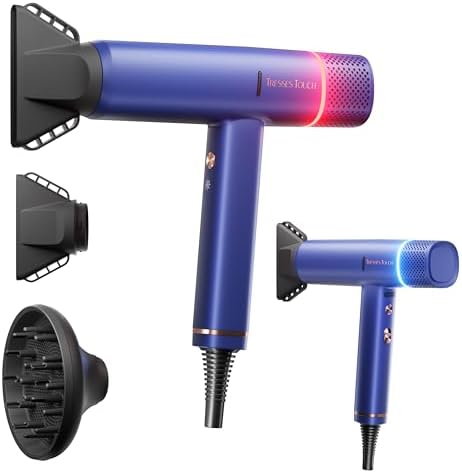 Ionic Hair Dryer with Diffuser and Concentrator, Professional Lightweight Quiet Blow Dryer, Powerful 1600 Watt Motor for Fast Drying and Straight & Wavy Hair, 3 Temps/2 Speeds, 6.56 Ft Cord, Blue by TressesTouch