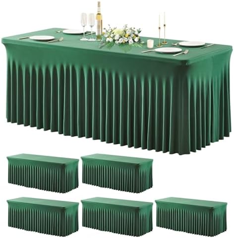 Wish Care 6 Pack Hunter Green Stretch Spandex Table Clothes for 4 Foot Rectangle Tables, 4FT Wrinkle Free Fitted Tablecloths Ruffles Design Table Cover for Party, Banquet, Wedding and Events by WishCare