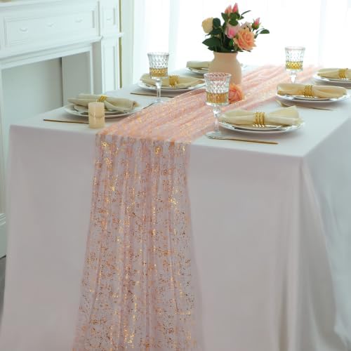 10Pcs Blush Pink Gold Table Runner 10ft Metallic Foil Glittery Sheer Gauze - Image 5