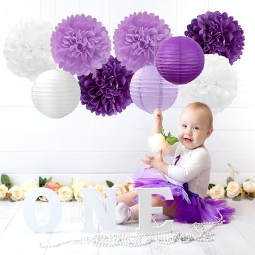 Purple-White Lavender Party Decorations Paper Flowers Lanterns - 15PCS Birthday Graduation Tissue Pom Poms Streamers, Baby Bridal Shower Wedding Retirement Bachelorette Hanging Supplies Decor Hugfond - Image 4
