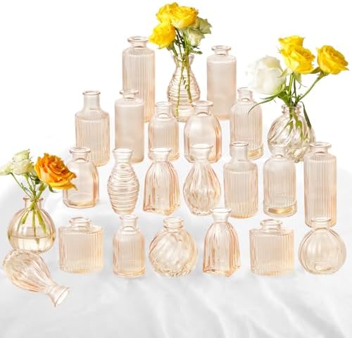 Champagne Bud Vases in Bulk 24 Packs Amber Glass Vase for Decor Centerpieces, Small Ribbed Vases for Flowers Stripe Modern Bud Vases Vintage Vases for Floral Wedding Party Table Decoration Home Decor by PHUNTTEK