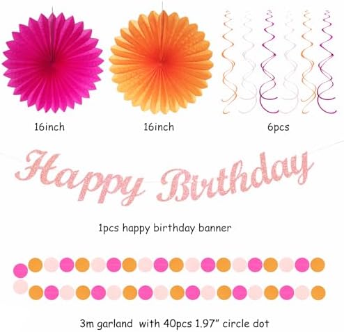 Hot-Pink Orange Fall Birthday Party-Decorations - 21pcs Autumn Women Peach Happy Banner,Girls Groovy Paper Streamers Lanterns Honeycomb,Tissue Flowers Pom Poms Fan, Boho Garland Room Decor - Image 3