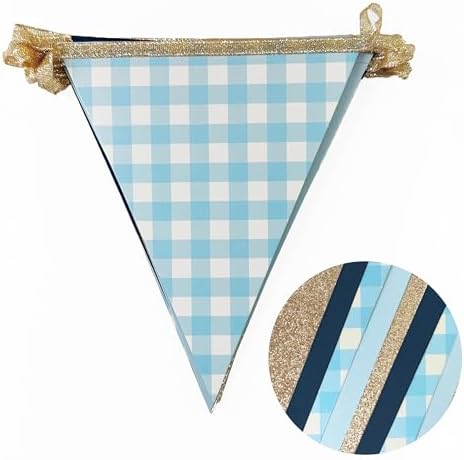 Navy Blue Champagne Gold Dusty Blue Buffalo Plaid Pennant Banner Flag Hanging Glitter Paper Triangle Bunting for Birthday Wedding Shower Bachelor Retirement Nautical Party Decorations Supplies - Image 3