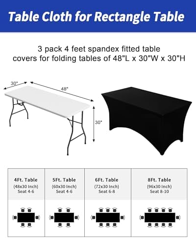 Fixwal 3 Pack 4FT Black Tablecloth Rectangle Spandex Fitted Table Cover - Image 3