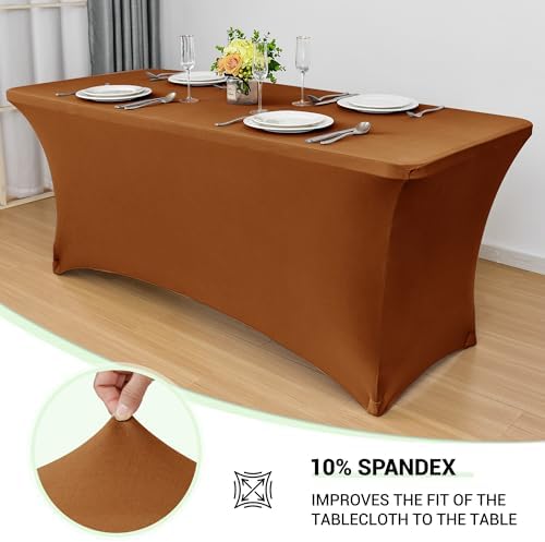 Obstal 6ft Stretch Spandex Table Cover for Standard Folding Tables - Universal Rectangular Fitted Tablecloth Protector for Wedding, Banquet and Party, 72L x 30W x 30H Inches, Light Coffee, 2pc - Image 2