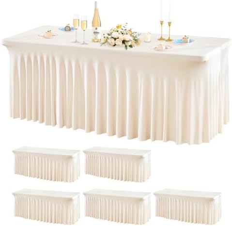 Wish Care 6 Pack Ivory Spandex Table Clothes for 8 Foot Rectangle Tables, 8FT Wrinkle Free Fitted Tablecloths Ruffles Design Table Cover for Party, Banquet, Wedding and Events by WishCare
