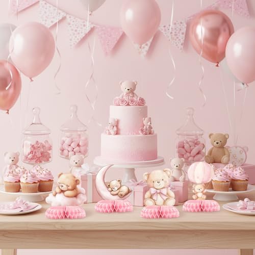12 Pcs Pink Teddy Bear Baby Shower Decorations for Girl - We Can Bearly Wait Baby Shower Decorations - Pink Bear Balloon Centerpieces for Tables - Girl Baby Shower Honeycomb Table Decor 1st Birthday - Image 5
