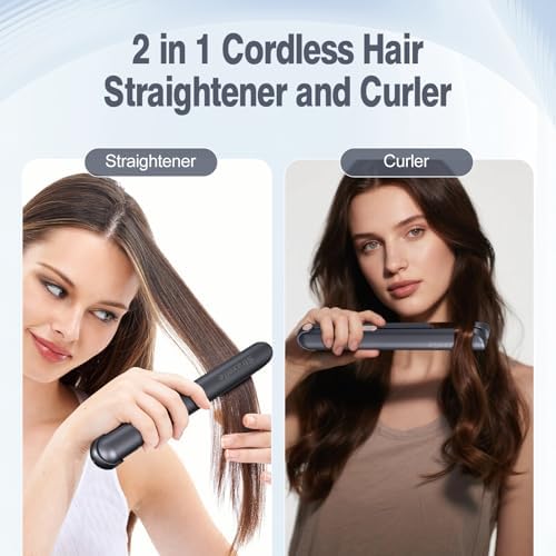 Cordless Hair Straightener, 10000mAh Rechargeable Flat Iron Portable Travel Straightener with Negative Ion, LED Screen & 3D Floating Plates, 2 in 1 Straightener and Curler (Dark Blue + Gold) - Image 4