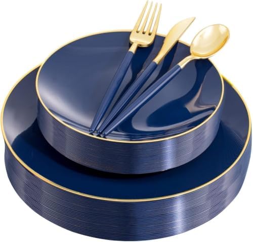 Liacere 150PCS Blue Plastic Plates - Gold Plastic Silverware with Blue Handle - Navy Disposable Plates Include 30 Guests Plates,Forks,Spoons,Knives for Party & Back to School Party & Labor Day by Liacere