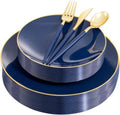 Liacere 150PCS Blue Plastic Plates - Gold Plastic Silverware with Blue Handle - Navy Disposable Plates Include 30 Guests Plates,Forks,Spoons,Knives for Party & Back to School Party & Labor Day by Liacere