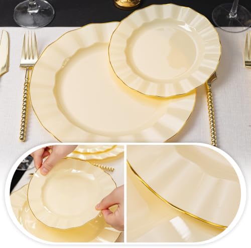 120PCS Yellow Plastic Plates, Wavy Plates with Gold Rim - Image 4