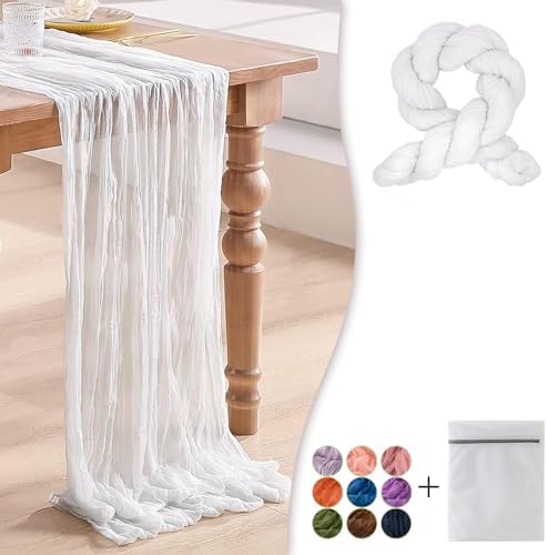 White Cheesecloth Table Runner 1 Pack 35" Boho Gauze 120 inches Long Runner Rustic Sheer Fabric Bulk for Baby Shower Wedding Bridal Birthday Party Picnic Table Decorations by Waligoy