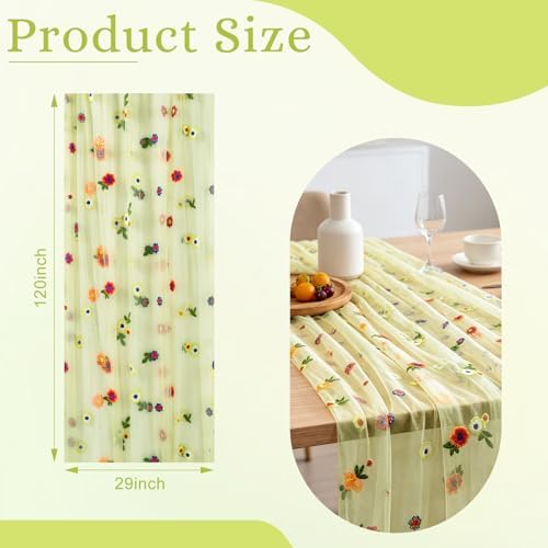 BINBE 1pcs Daisy Spring Table Runner Embroidery Gauze 10FT Florals Seasonal Tulle Holiday Birthday Kitchen Dining Table Decor for Home Party Green - Image 2