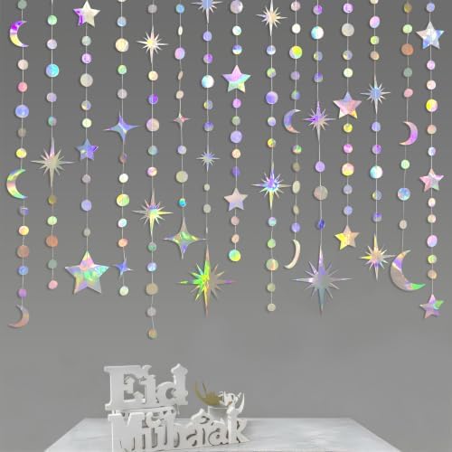 Iridescent Party Decorations Holographic Star Moon Circle Dot Garland Hanging Crescent and Twinkle Little Star Streamer Bunting Banner for Birthday Ramadan EID Mubarak Euphoria Karaoke Music Decor - Image 3