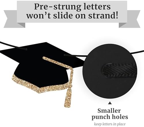 Pre-Strung Congratulations Banner, Gold Glitter Grad Caps Graduation Banner - Image 5
