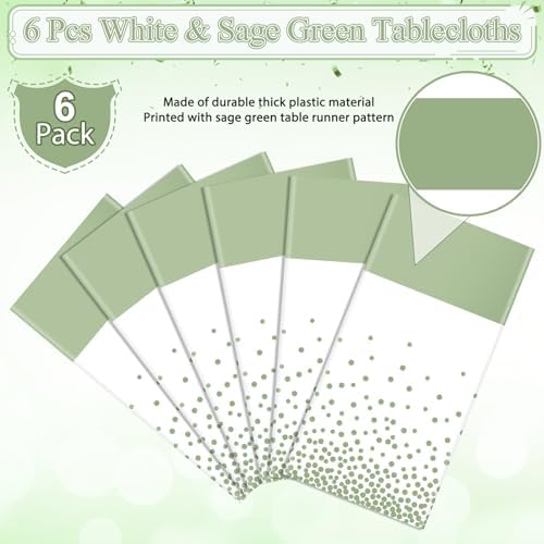 6Pcs White and Sage Green Tablecloth Decorations,Plastic White Table Cloth Printed Green Table Runner Disposable Rectangle Table Cover for Birthday Wedding Anniversary Graduation Party,54 x108 Inch - Image 4