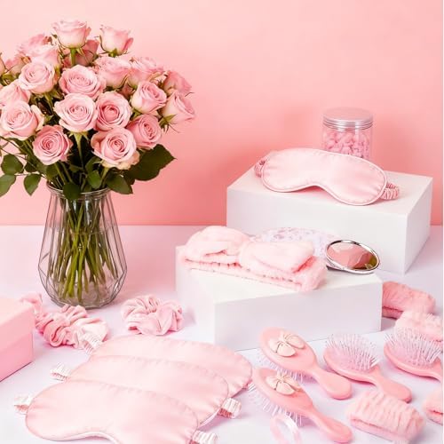 9 Pcs Sleepover Party Supplies for Girls Include Spa Headband Sleep Eye Mask Pink Scrunchie with Coquette Bow Mirror Hair Comb Gift Bags for DIY Spa Sleepover Slumber Wedding Birthday Party Favors - Image 7