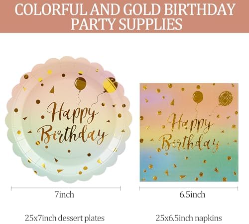 50PCS Happy Birthday Paper Plates and Napkins Set - 7 Inch Colorful and Gold Birthday Cake Plates Scalloped Dessert Plate Disposable Tableware for Birthday's Party Supplies Decorations - Image 3