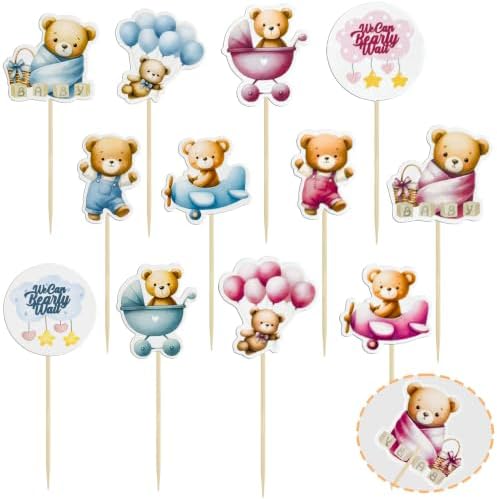 Gyufise 36Pcs Bear Cupcake Toppers Bear Cupcake Picks Baby Carriage Bottle Balloon We can Bearly Wait Cake Decorations for Baby Shower Gender Reveal Kids Birthday Party Supplies Blue Pink Coffee - Image 3