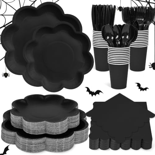 350 Pcs Halloween Black Paper Plates and Napkins Set, Serve 50 Guests by Unknown