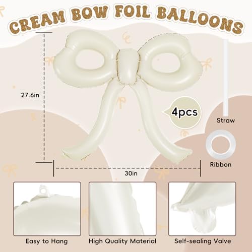 4 Pcs Bow Birthday Decorations Cream Bow Balloons for Girl Women Bow Themed Party Decorations Giant Foil Beige Balloons for Birthday Baby Shower Gender Reveal Wedding Decor Party Supplies - Image 2