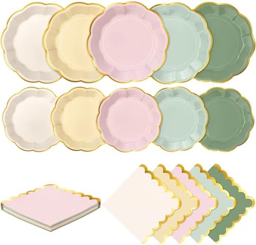 Kochorie 100 Pcs Sage & Pink Scalloped Paper Plates and Napkins by Kochorie