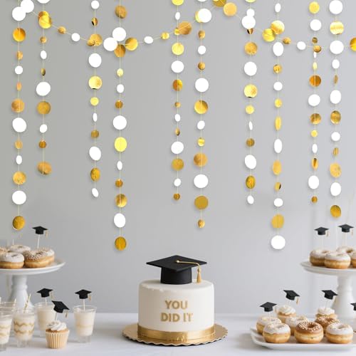 46 Feet White and Gold Circle Dots Garland Hanging Paper Polka Dots Streamer for Birthday Bachelorette Engagement Anniversary Wedding Bridal Shower Christmas Holiday Party Decorations Supplies - Image 5