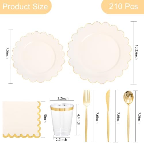 LIYH 210Pcs Ivory Scalloped Plastic Plates, Gold Rim Dinnerware Set Party - Image 2