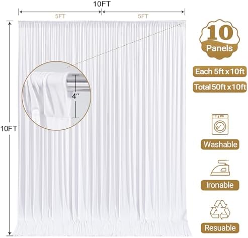 50x10ft White Backdrop Curtain Panels for Parties - Wrinkle Free Polyester Photo Curtain Backdrop Wedding Back Drop Fabric Drapes for Party Decorations Background for Photography - Image 4