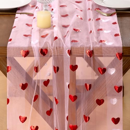 Gold Gauze Table Runner Red Heart Sheer Romantic Wedding Party Table Decor - Image 2