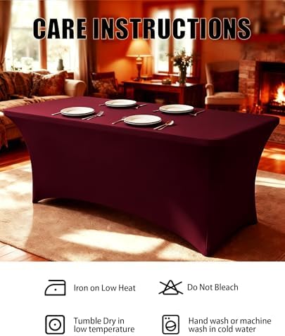 6FT Burgundy Table Cloth - 2 Pack Fitted Stretch Rectangle Spandex Tablecloth, Washable Table Cover for Party, Picnic, Wedding, Banquet, Birthday and Festival(30" x 72") - Image 6